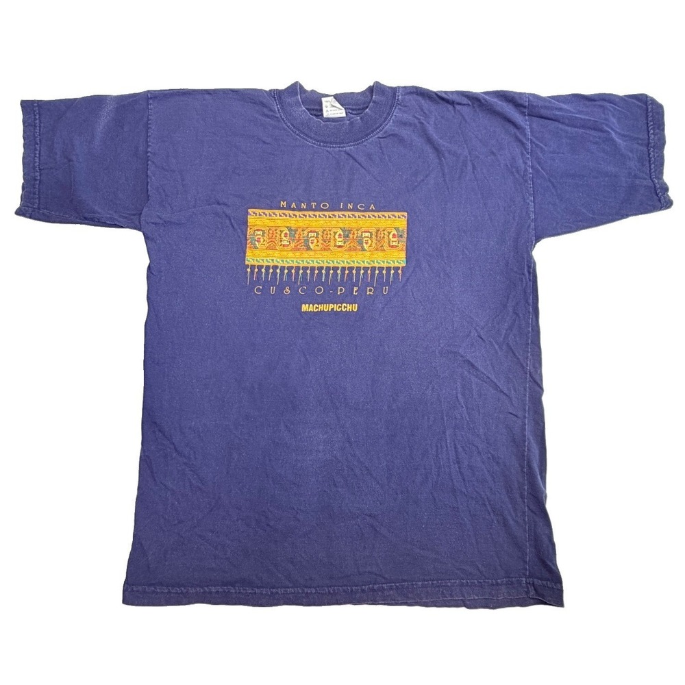 Vintage Peru Machu Picchu Cusco Manto Inca Graphic T-Shirt Men's L Blue 90's